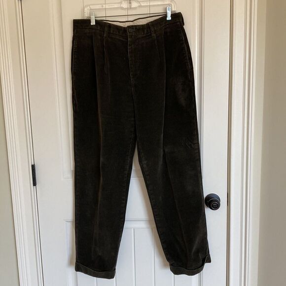 Brooks Brothers Elliot Olive Green Wide Wale Corduroy Pants Pleats Cuff Size 35 - Picture 6 of 10